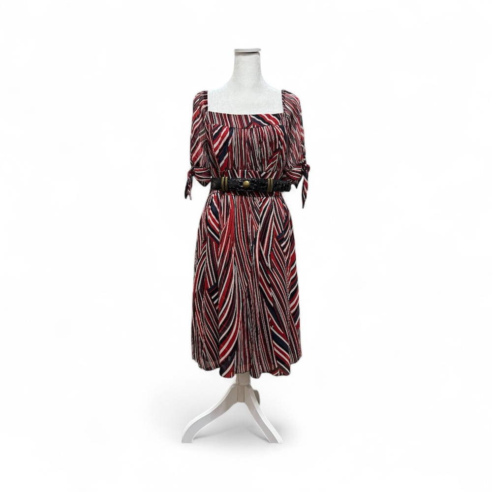 Off Shoulder Red and Black Patterned Dress with Belt